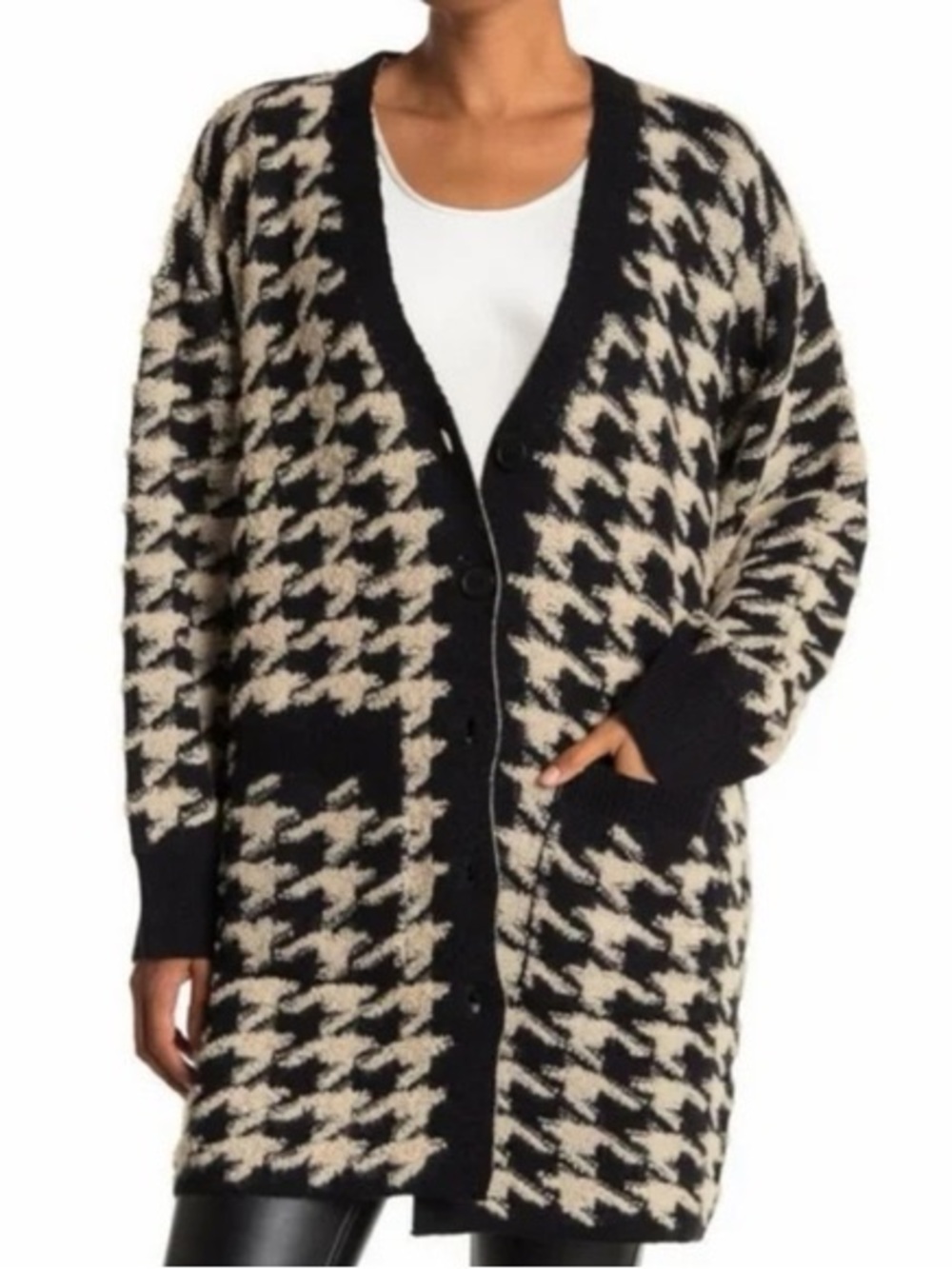 Max Studio Houndstooth Long Cardigan Sweater Black Tan Size Small